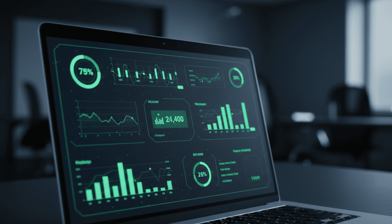 Close-up of a laptop screen with a glowing ad campaign dashboard, blurred office background
