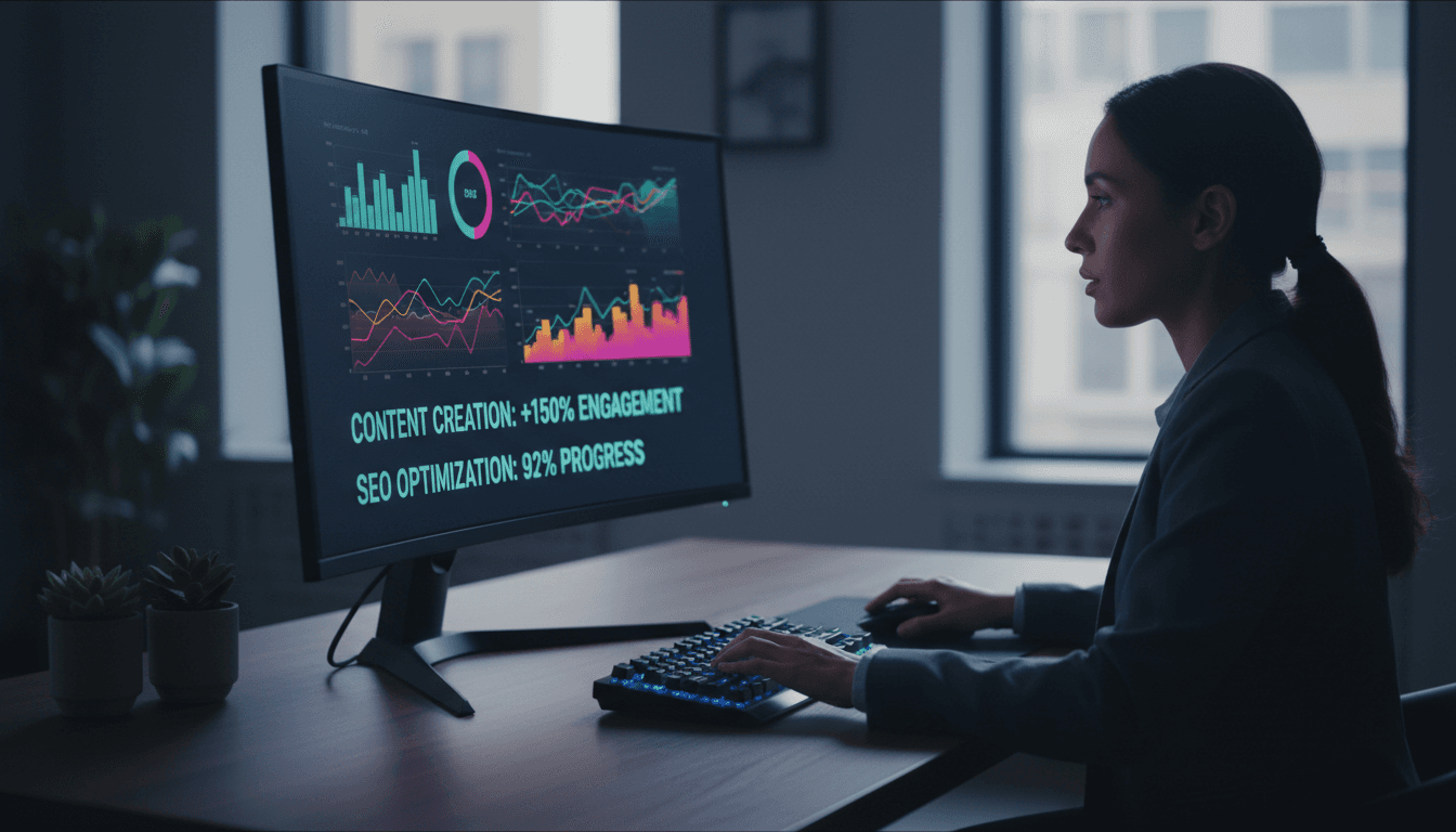 Computer monitor displaying a digital advertising dashboard in a modern office setting