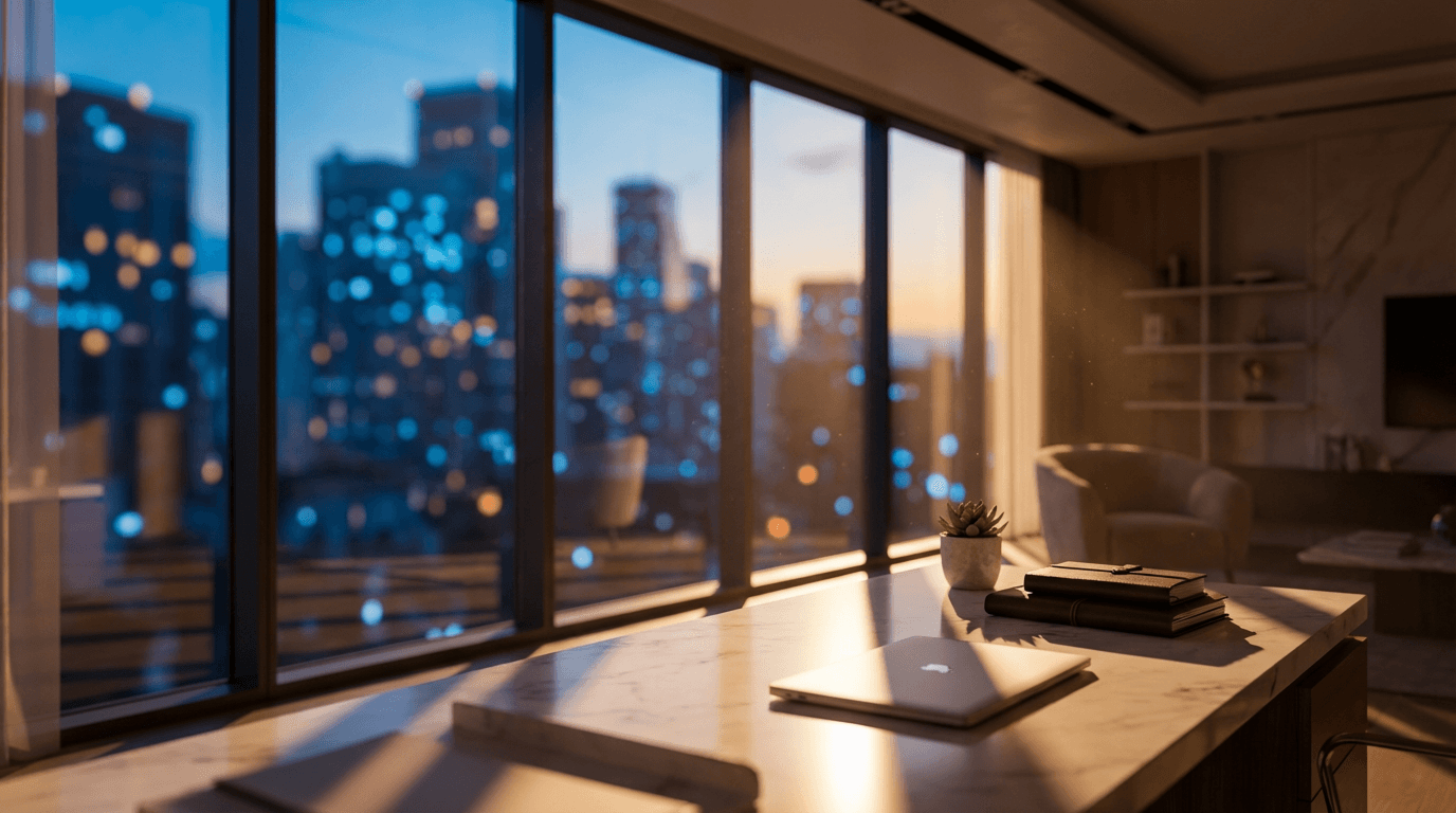 Modern consulting office with campaign data on monitors at dusk